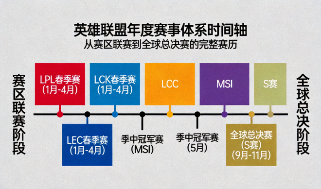 关于LOL赛事体系配图，展示英雄联盟从赛区联赛到季中赛与全球总决赛的年度赛历时间轴