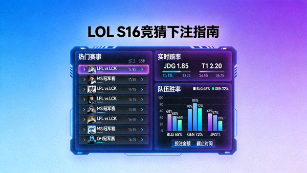 LOL竞猜S16下注指南配图，展示英雄联盟电竞竞猜官方网站竞猜大厅数据看板