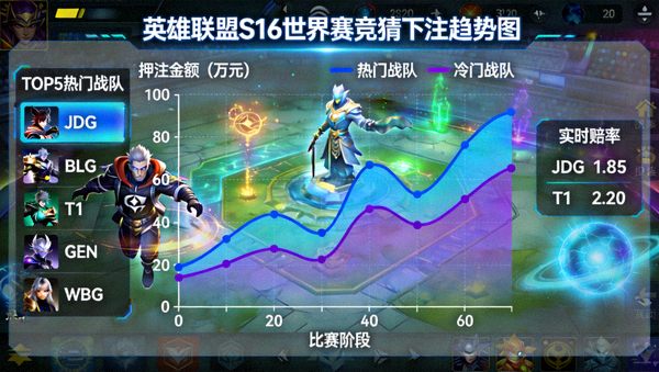 英雄联盟S16竞猜大厅下注趋势观察配图，展示LOL世界赛竞猜数据曲线图表